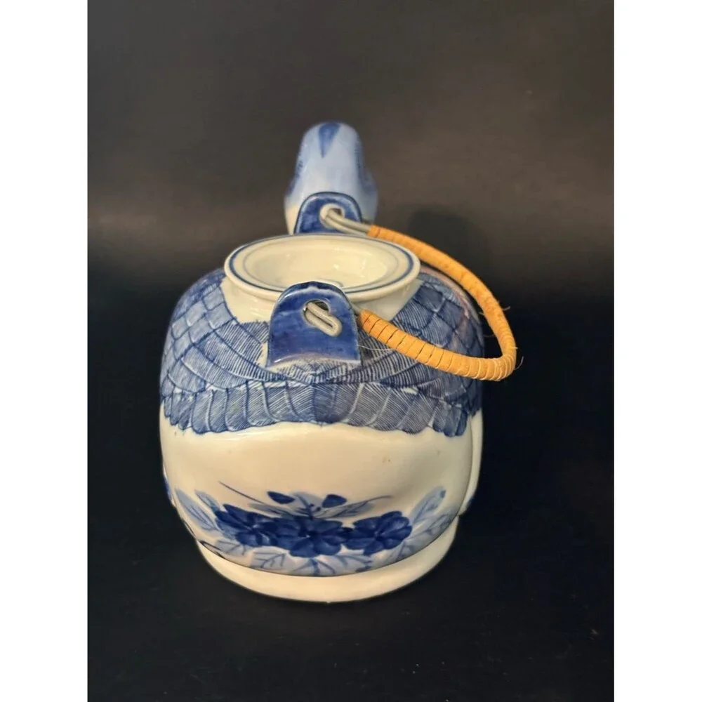 Vintage Blue & White Hand Painted Duck Teapot Floral Accents Made In China